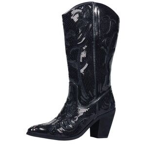 NEW Hawkell Women's Black Sequin Cowboy Western Mid‎ Calf Boots Size 11